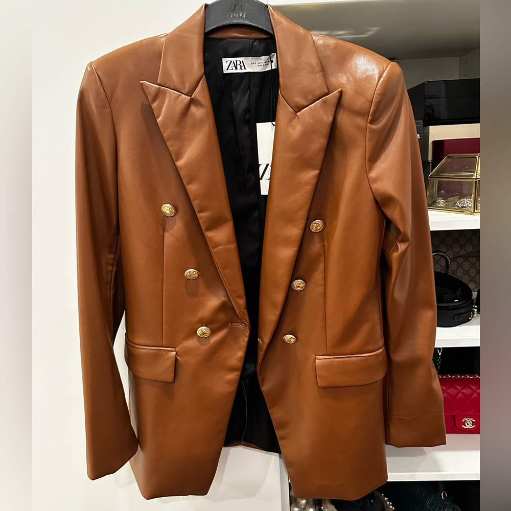 ZARA BUTTONED FAUX LEATHER BLAZER BRANDY TAN BROWN WITH GOLD BUTTONS SIZE S